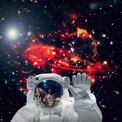 Astronaut surfing dark space with stars. The elements of this image furnished by NASA.