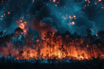 Fire in the forest. Burning trees in the flames of fire. Fire and smoke rise to the sky. The problem of climate change, environmental disaster