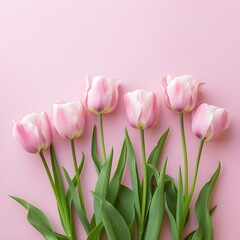 bouquet of pink tulips on a soft pink background, flat lay top view
