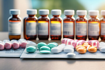 Medikamente Medizin bunte Tabletten im Blister Hintergund