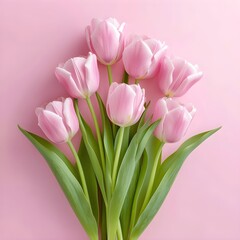 Bouquet of pink tulips on pink background flat lay top view