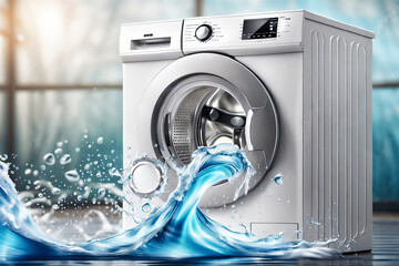 Waschmaschine mit Wasserwelle als Hintergrund