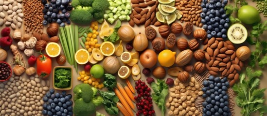Healthy balanced diet concept. Vegetables, fruit seeds, nuts, ingredients for cooking. neatly arranged - obrazy, fototapety, plakaty
