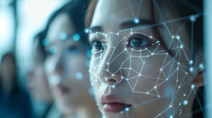 Digital biometric scan over woman's face, identity authentication with AI technology in a secure system