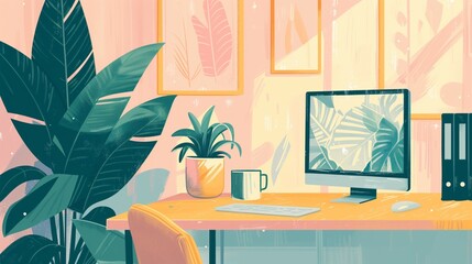 Charming home office corner with desktop and indoor plants, a cozy and creative workspace illustration