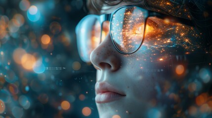 Young visionary with glasses reflecting a universe of stars, symbolizing creativity, innovation, and endless possibilities in technology - obrazy, fototapety, plakaty