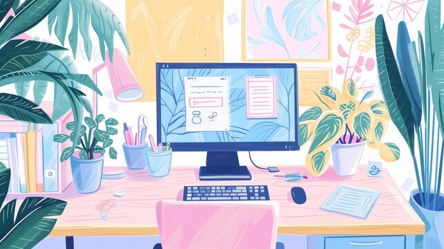 Cheerful and colorful home office setup with plants, promoting productivity and positive mental health in a creative workspace environment