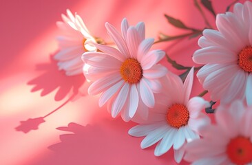 Beautiful white daisies under the glowing sun on a soft pink background in nature