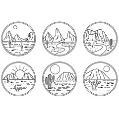 Set of desert line art vector illustration. Desert line art in circle shape