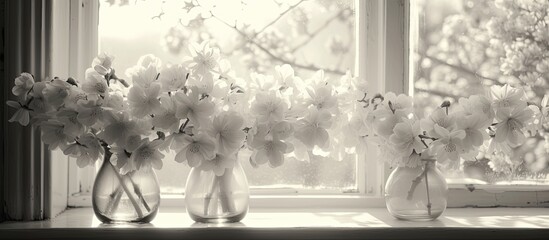 Two vases filled with white flowers sitting on a window sill under the sunlight, creating a stark contrast between the black vases and the white flowers.