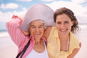 Grandmother, woman and portrait or beach wind for vacation on tropical island or holiday, happiness...