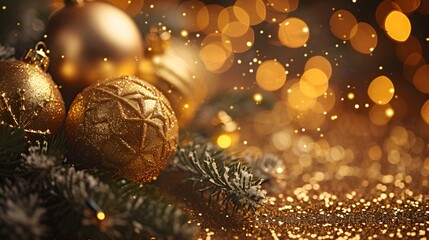 golden christmas baubles on bokeh background, detailed ornaments with warm glow