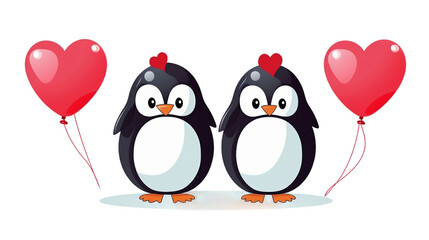 Celebrate Love and Joy with Cartoon Penguins Holding Red Hearts - Vector Illustration for Valentine's Day, Perfect for Greeting Cards and Romantic Holiday Decorations on a Transparent Background