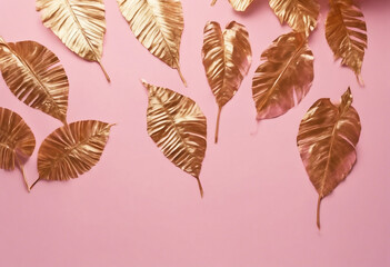 Painted Golden tropical leaves on pink pastel background Natural Creative layout