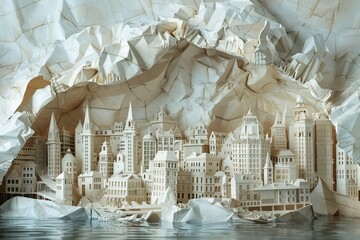artistic representation of a city skyline, intricately carved out of white paper, set against a backdrop of crumpled paper that mimics the ruggedness of mountains
