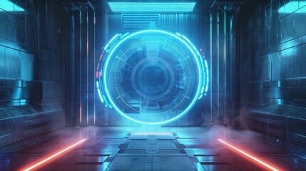 Futuristic glowing portal doorway in a high-tech corridor, science fiction concept.