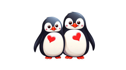 Fototapeta premium Celebrate Love and Joy with Cartoon Penguins Holding Red Hearts - Vector Illustration for Valentine's Day, Perfect for Greeting Cards and Romantic Holiday Decorations on a Transparent Background