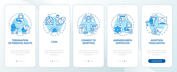 Fototapeta na wymiar Adoption laws blue onboarding mobile app screen. Legal process walkthrough 5 steps editable graphic instructions with linear concepts. UI, UX, GUI template. Myriad Pro-Bold, Regular fonts used