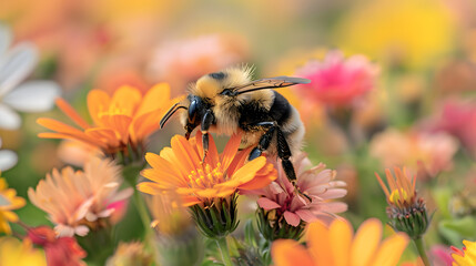 A bee, with a field of blooming wildflowers as the background, during pollination season