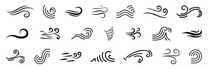 Blowing wind icon collection in black on a white background. Set of wind blow line icon. Black related to wind and waves