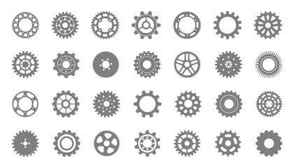 Bike sprocket or gear icons. Bicycle cogwheel signs. Set of profiled wheel with teeth that engages with a chain - obrazy, fototapety, plakaty