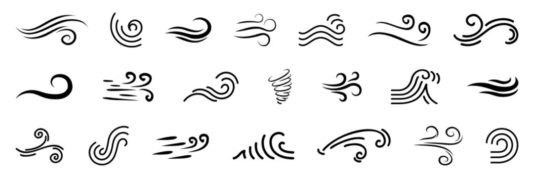 Blowing wind icon collection in black on a white background. Set of wind blow line icon. Black related to wind and waves