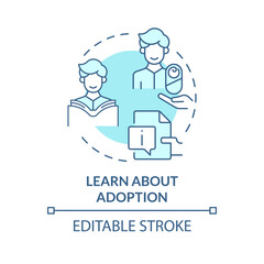 Learn about adoption soft blue concept icon. Adoption process. Preparation for parenting. Reading and studying information. Round shape line illustration. Abstract idea. Graphic design. Easy to use