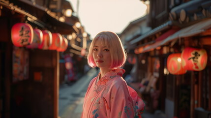 和服を着て観光をする若い日本人の女性