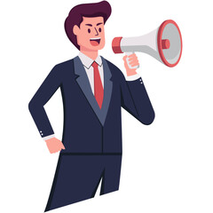 Fototapeta premium Young man holding megaphone and speaking advertising through speakers