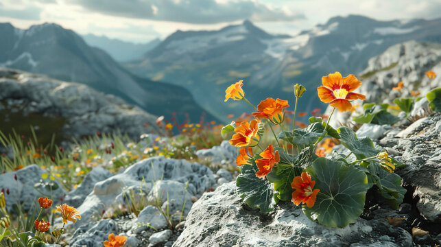 Nasturtium in an alpine landscape, using cinematic framing to convey the bliss and natural colors of high-altitude blooms.