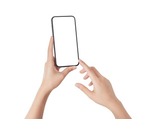 Hand holding smartphone with blank screen isolated on white background.