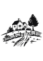 Country farm house in a grassy field near moorland
