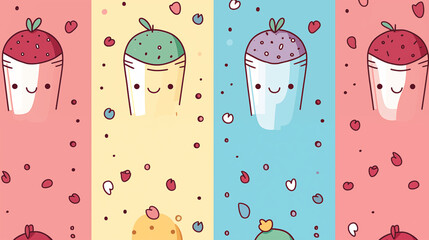 Four Kawaii Strawberry Characters on Different Pastel Backgrounds