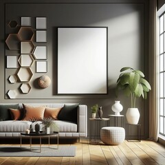 Frame mockup, single vertical, reflective glass, mockup poster on the wall of living room. Modern apartment Interior mockup background. 3D render generative ai	