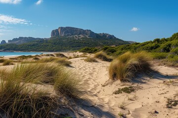 Golden sand dunes with wild grass against a mountain backdrop.