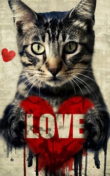A photograph showcasing a cat holding a heart-shaped object with the word 'love' written on it.
