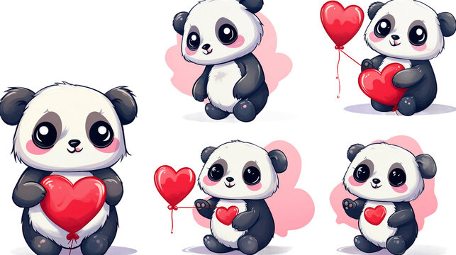 Captivating Vector Illustrations: Cute Panda Embraces Valentine's Day with Watercolor Style and Red Hearts on a Transparent Background