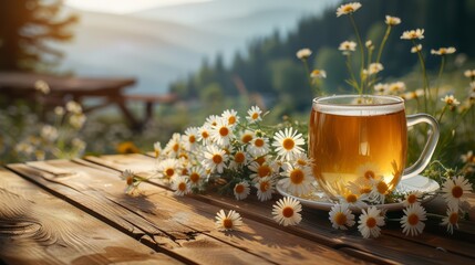 A cup of herbal tea surrounded by daisies with a mountain view.