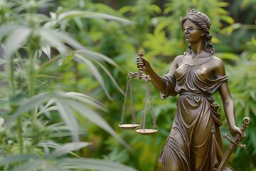Bronze statue of lady justice in hemp field illustrating legalization of drugs like marihuana - obrazy, fototapety, plakaty