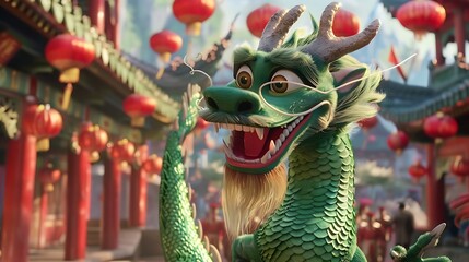 
In a joyous celebration of Happy Chinese New Year, a vibrant Green Dragon dances through festive streets, symbolizing prosperity, good luck, lively spirit of traditional Lunar New Year festivities. 