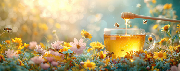 A serene setting of a glass teacup amidst a blooming flower field with honey dripping from a dipper, bathed in golden sunlight. - obrazy, fototapety, plakaty