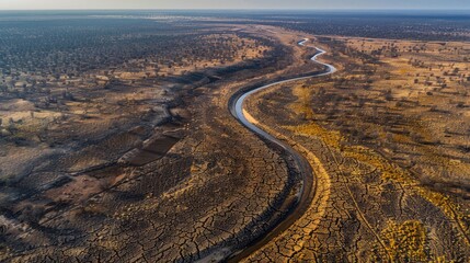 Aerial view of a winding river through a dry, cracked landscape at sunset.