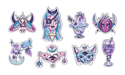 Sticker pack of funny cartoon characters and surreal elements. Vector illustration. Magic tarot cat, girl and flower. Big set of comic elements in trendy psychedelic weird cartoon style.