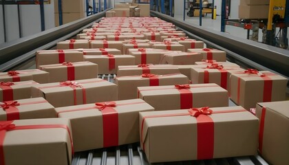 Closeup of gift box packages seamlessly moving along a conveyor belt in a warehouse. Cardboard presents created with generative ai	