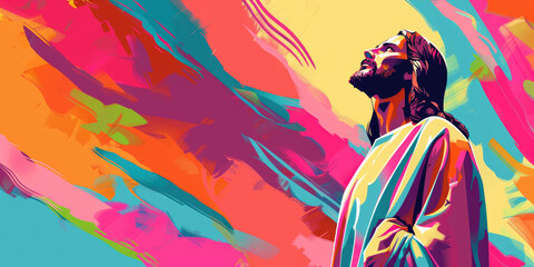 portrait of jesus with colorful background, digital painting art