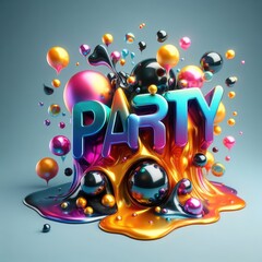 Party text design. Colorful 3D liquid text composition with soft shapes.