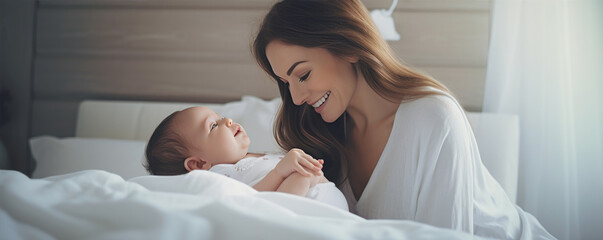 Fototapeta na wymiar Beautiful young mom and her cute baby in bed