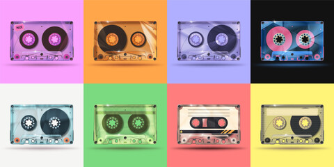 Retro transparent music cassette tape. Pop art mixtape tapes mockup vector illustration set