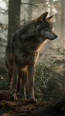 Lone wolf standing alert in a misty, ethereal forest environment at dawn.