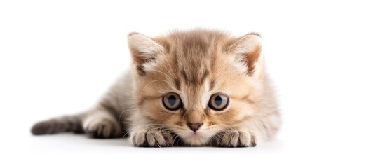 A white background British kitten with striking blue eyes lays down, appearing relaxed and comfortable in its surroundings. The fluffy fur contrasts with the bright blue eyes, creating a visually